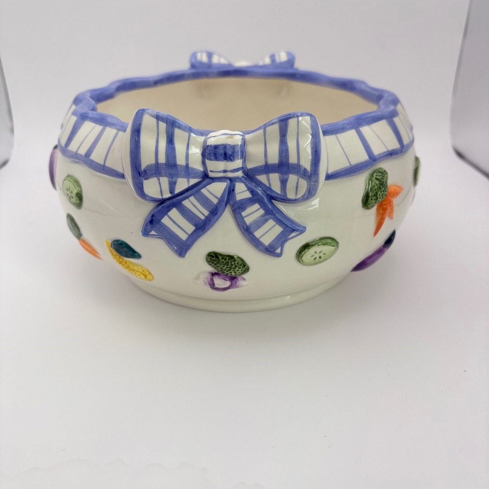 Fitz and Floyd Vegetable Serving Bowl White Blue Bow Raised Ribbons - Picture 3 of 8